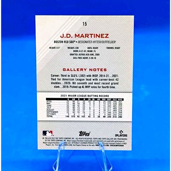 2022 Topps Gallery - J.D. Martinez #15 - Picture 5 of 5